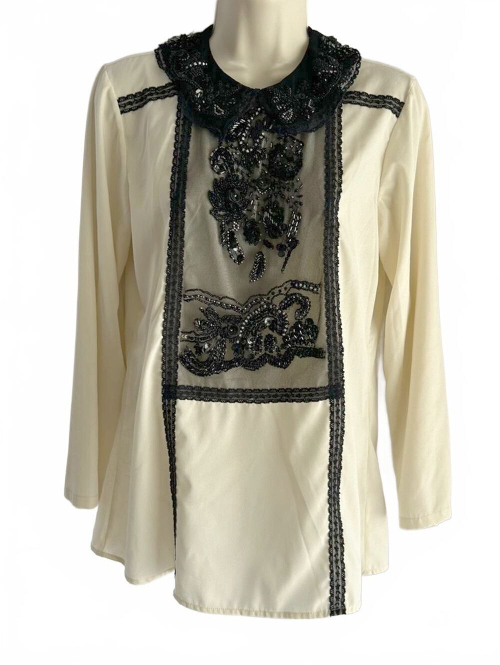 Save The Queen Italy 
Long Sleeve Embellished Ivory & Black Lace Blouse | Large